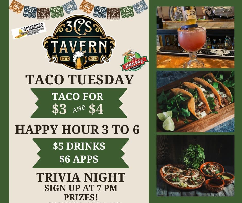 Taco Tuesday at 3Cs Tavern — Tacos, Happy Hour 3-6, Trivia Night 7 PM